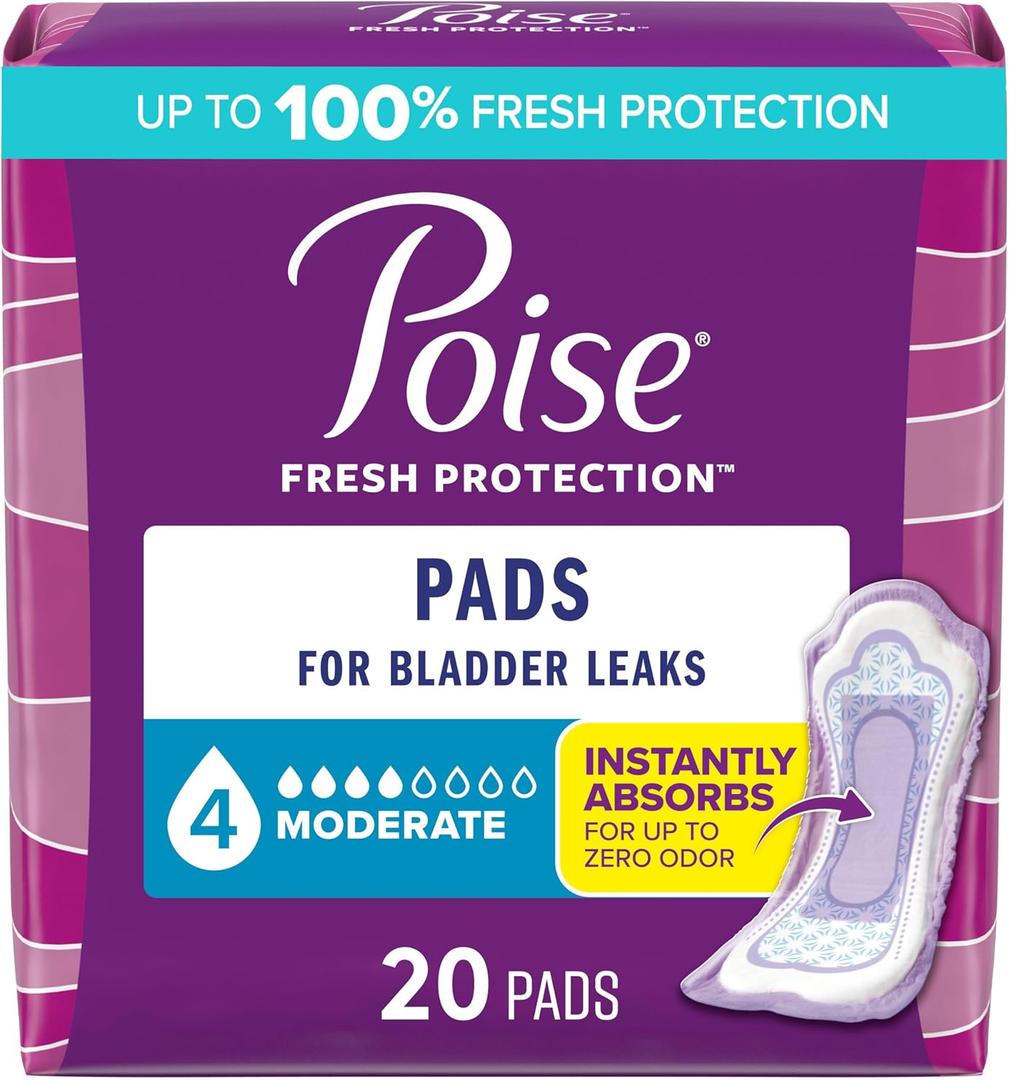 Poise Incontinence & Postpartum Pads for Bladder Leaks, 4 Drop Moderate Absorbency, Regular Length, 20 Count, Packaging May Vary