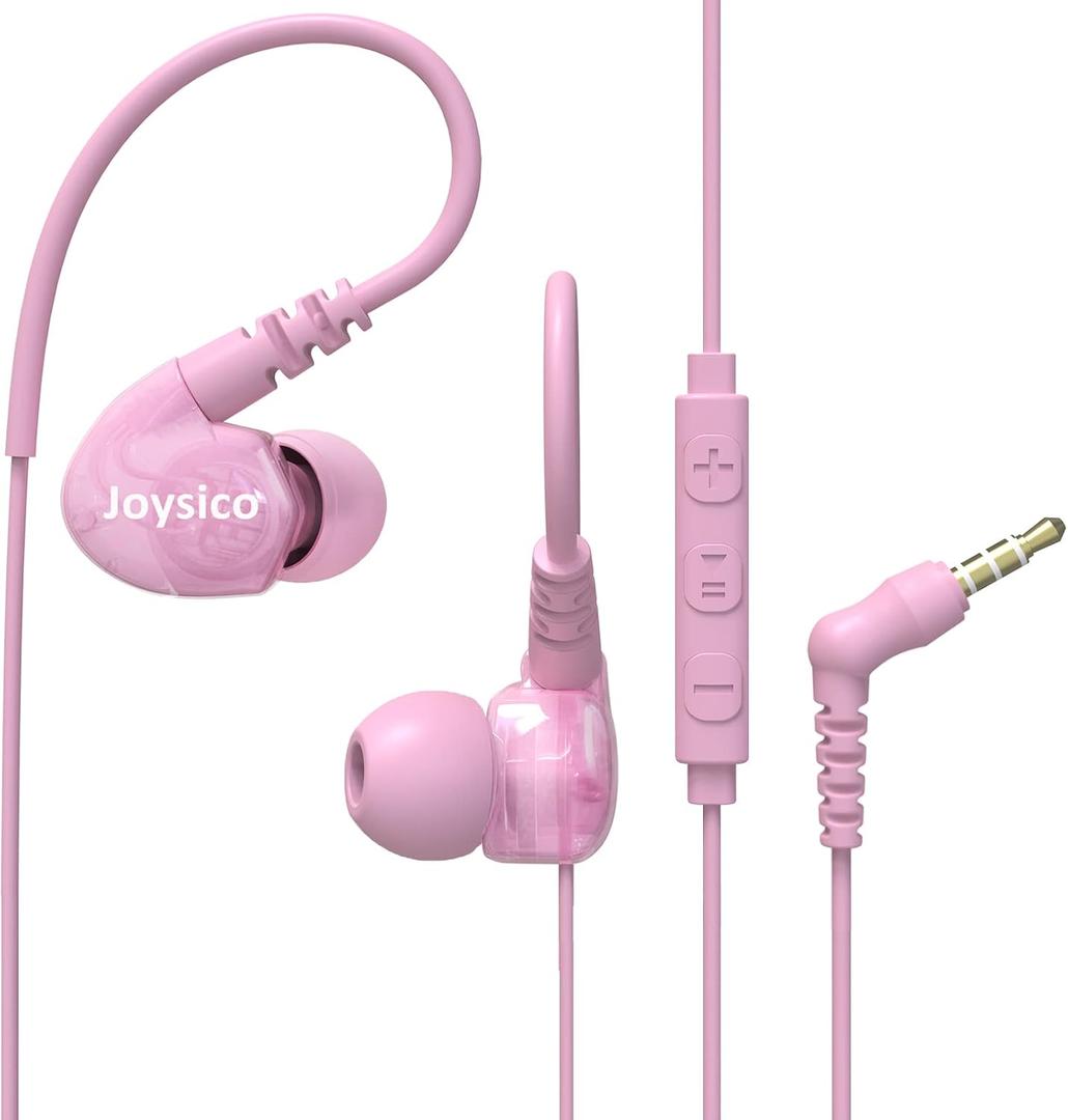 Sport Headphones Wired Over Ear in-Ear Earbuds for Kids Women Small Ears Comfortable, Earhook Earphones for Running Gym Workout, Wrap Around Ear Buds w Microphone & Case for Cell Phones Pink