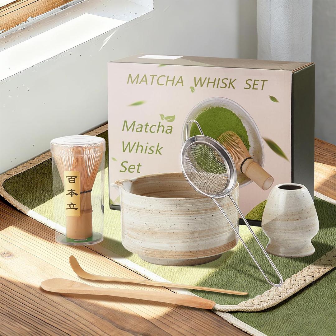 SRCVYLT Matcha Whisk Set, Ceramic Matcha Set Whisk and Bowl, Holder, Sifter, Spoon, Scoop, 6Pcs Ceremony Matcha Kit for Tea Lovers Making Breakfast/Latte (Rustic Beige)