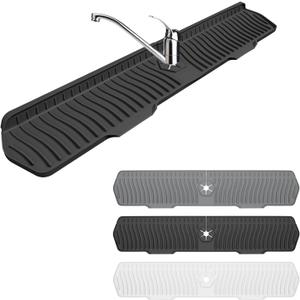 Faucet Guard - 90 Foldable Draining Mat for Kitchen & Bathroom Sink with 2 Drain Ports (Black, 29.9"*5.9")