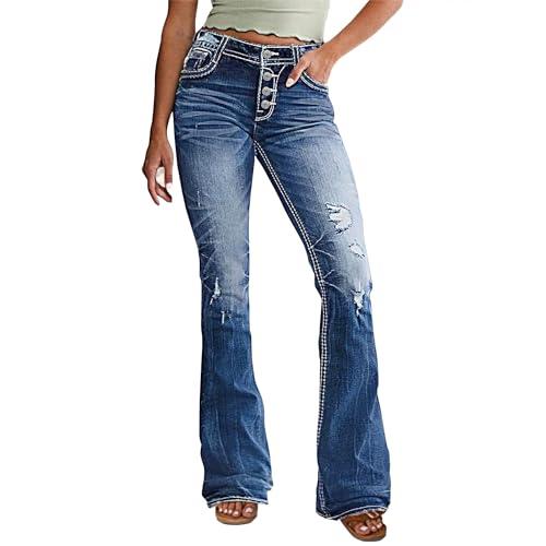 AprPith Women's Mid Wasited Flare Ripped Stretchy Jeans Bootcut Slim Button Fly Y2K Bell Bottom Denim Pants Blue, 8