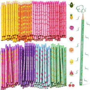 Leinuosen 200 Pcs Scented Pencils for Kids Cute Motivational Colorful Fun Wood HB Pencils Bulk with Erasers Fruit Elements for School Office Classroom Student