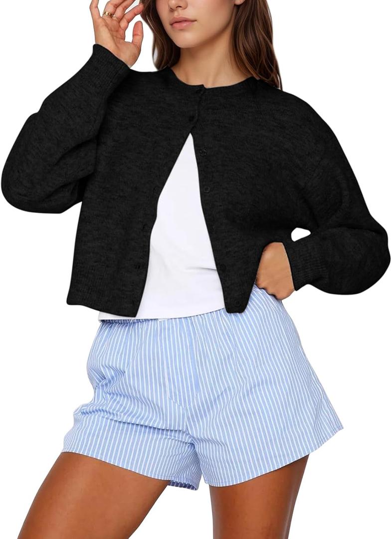 Dokuritu Cardigans for Women Long Sleeve Crew Neck Lightweight Button Down Fall Knit Sweater Cardigan Y2k Open Front Top (Black, S)