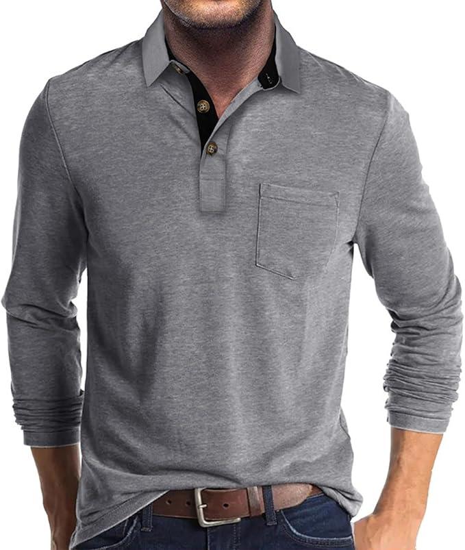 Men's Long Sleeve Polo Shirts Casual Button Classic Work Shirt Cotton Collared Basic Golf Shirt with Pocket (XX-Large, Gra)