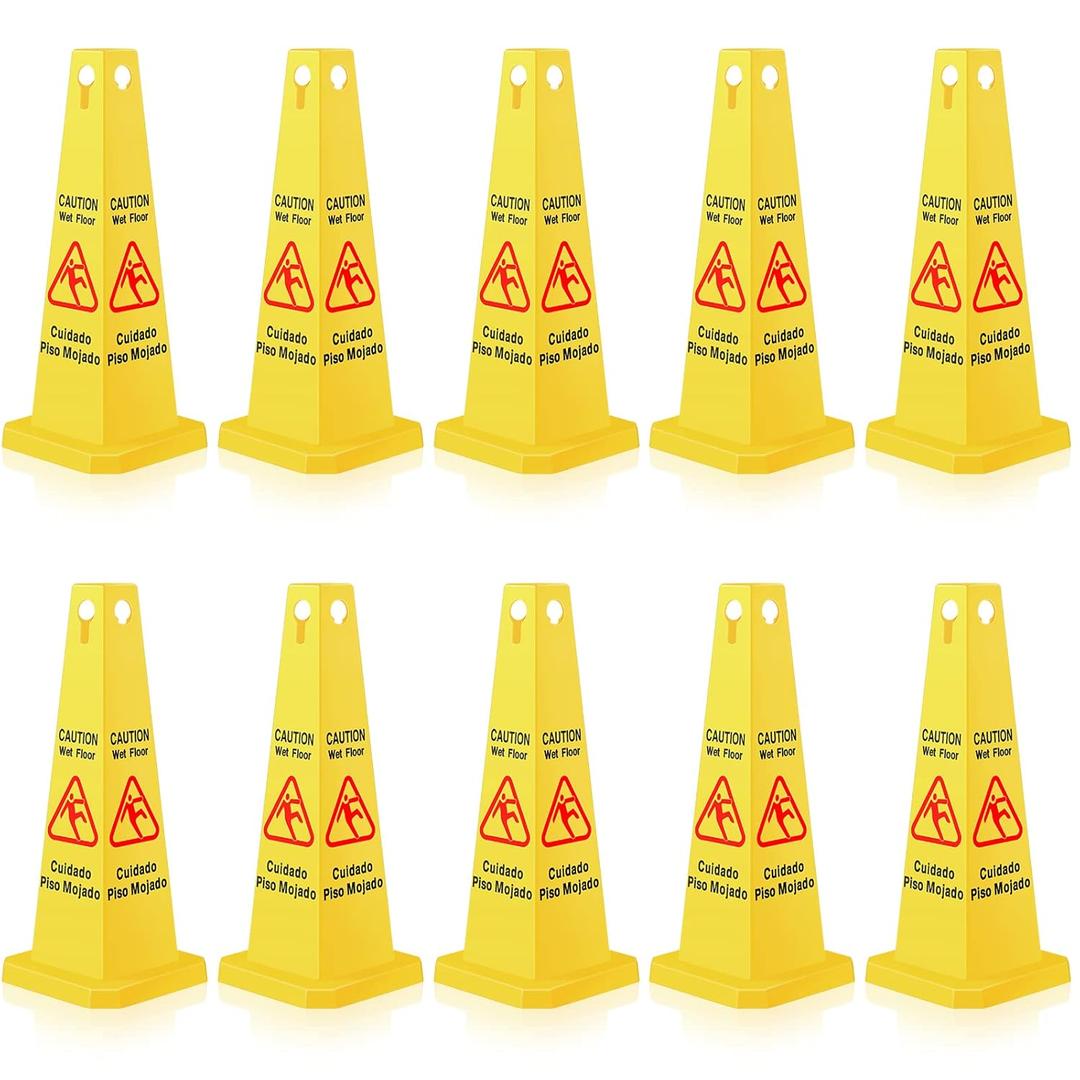 Floor Safety Cone Yellow Caution Wet Floor Sign 4 Sided Wet Cone Sign Public Caution Yellow Avoid Fall Slip Accident for Indoors and Outdoors(10 Pieces)