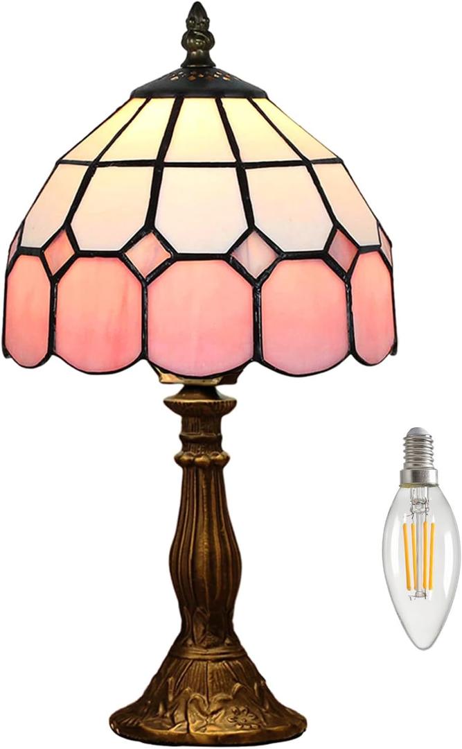 Table Lamp Tiffany-Style 8 Inch Mediterranean Series Stained Glass Lampshades Small Bedside Lamp Reading Antique Desk Light Livingroom Bedroom Office Vintage Art De(Color:Pink)