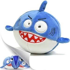 3 in 1 Squeaky Soft Plush Durable Dog Chew Toy for Aggressive Chewers, No Stuffing Interactive Tough Rip & Reveal Crinkle Blue Shark Ball in Gift Box, Puppy, Small & Large Breed Pets Birthday Present
