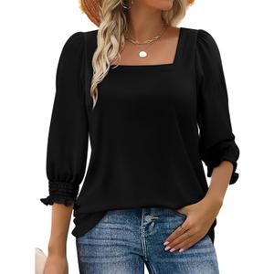 Women Dressy Shirt 3/4 Sleeve Blouse Casual 2025 Fall Fashion Top Square Neck Pleated Loose Fit Business Basic Top (Black, S)