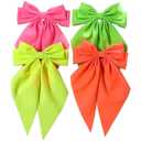 Neon Bows, 4 Pcs Large Neon Hair Bow with Long Tails, Fluorescent Lime Yellow Green Pink Hair Bow for Girls, 80s Neon Hair Accessories for Girls Women