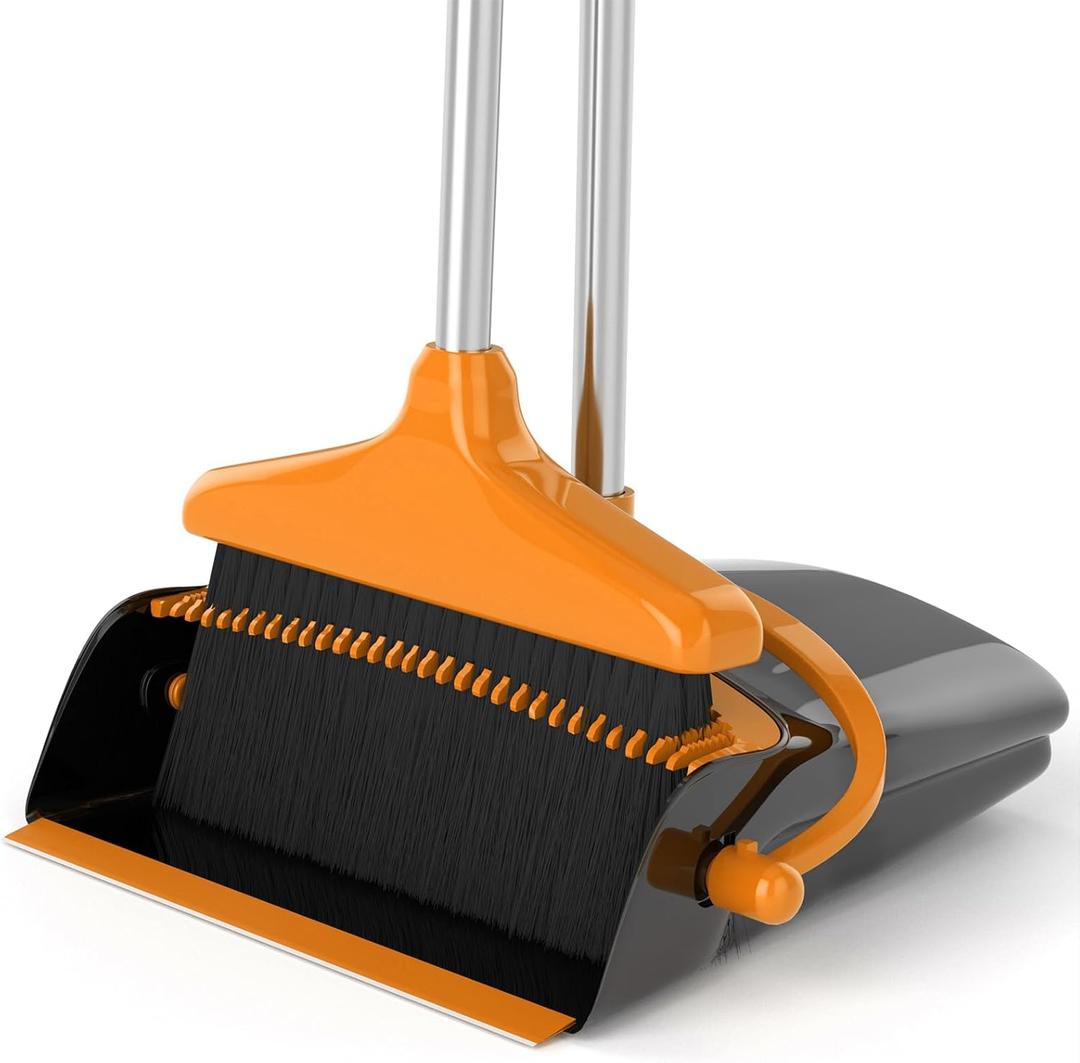 Broom and Dustpan Set (53" L) Adjustable Length Stainless Steel Broomstick Standing Dustpan and Broom for Office Home Kitchen Lobby Floor (Orange and Black)