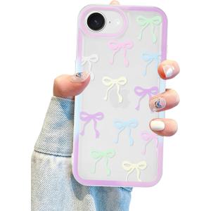 Jusy Compatible with iPhone 16e Bow Phone Case, Cute Clear Ribbon Bowknot Pattern Aesthetic Soft TPU Transparent Cases Protective Phone Cover for Women Girly - Colourful