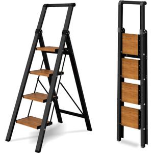 4 Step Ladder,Lightweight Folding Step Stool with Aluminum Wide Pedal& Convenient Handgrip,330lbs Capacity Steel Ladder for Household and Office(Black &Woodgrain)