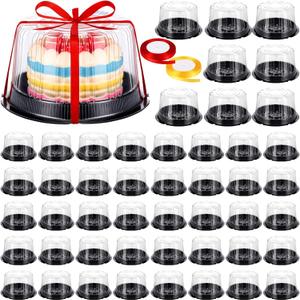 Skylety 80 Pcs 6 Inch Cake Containers with Lid and 2 Rolls Ribbons Plastic Disposable Cake Containers Black Cake Box Clear Bakery Cake Carrier with Transparent Dome Product for Cupcake Transport