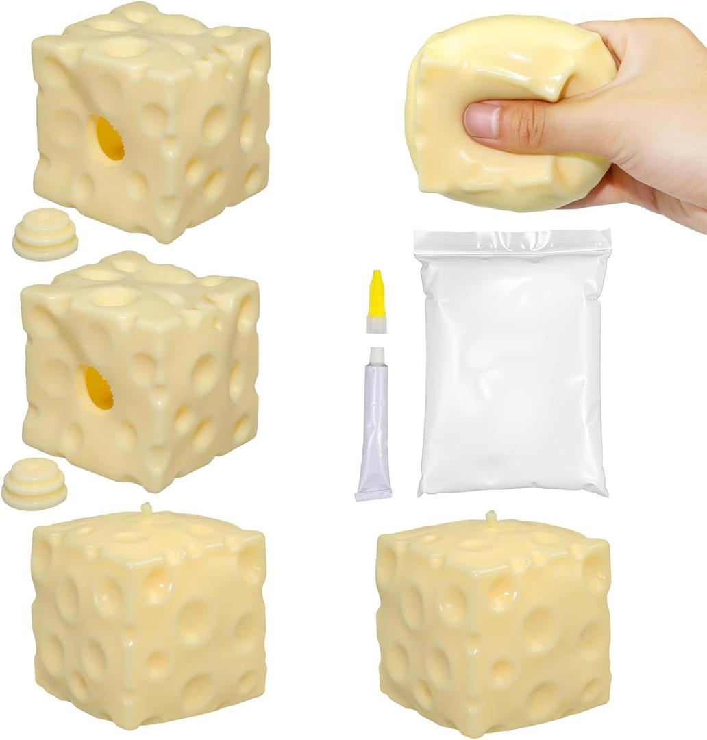 2Pcs Cheese Squishy Skin Stress Ball Making Kit - Easy Handmade Sensory Squishy Toys | Includes 2 Cheese-Shaped TPR Skins and 3.5 oz Filler; ASMR Craft Anxiety Relief Slow-Rising Cheese Squishies