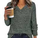 IWD Womens V Neck Long Sleeve Shirt Fall Fashion Knitted Sweaters Dressy Casual Pullover Tunic Tops with Decorative Buttons Green, XL