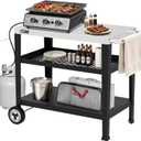 Royal Gourmet PC3404S Rolling Dining Table with Trash Bag Holder, Outdoor Garden Patio BBQ Kitchen Food Prep Table Cart, 34"L x 20"W Stainless Steel Tabletop, Silver & Black