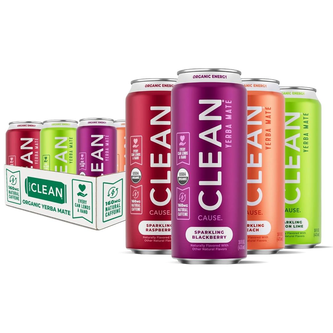 CLEAN Cause Low Calorie Variety Pack Yerba Mate Tea Sparkling, USDA Organic Energy Drink Alternative, Low Sugar, 160mg Natural Caffeine, Soda Alternative, Plant-Based (16oz cans, 12-Pack Case, 4 Flavors) (EXP 08/23/26)