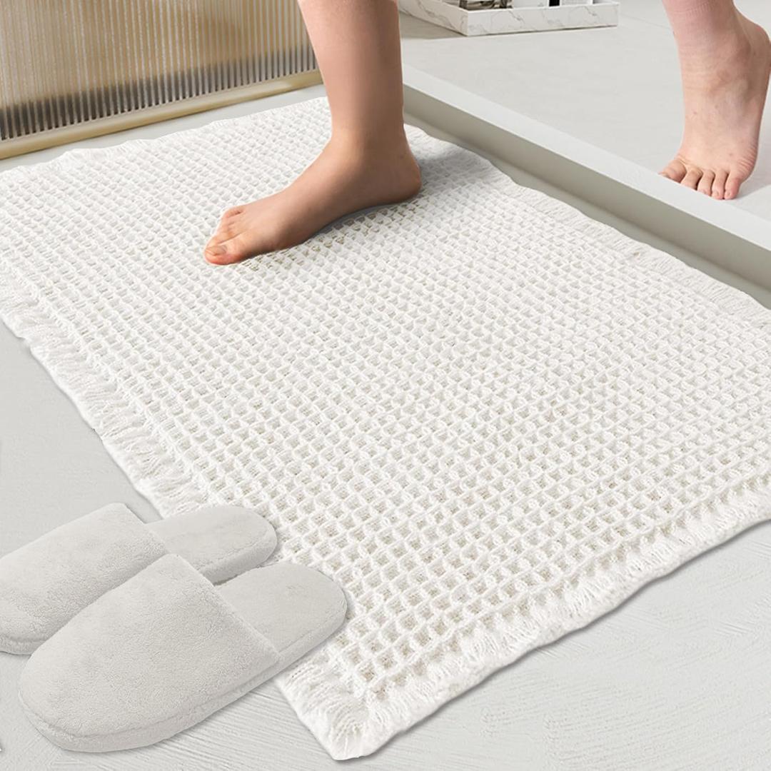 ZALL Waffle Bath Mat White Super Absorbent Non Slip Bathroom Rug 17x24inch,Machine Washable Ultra Soft Floor Mats