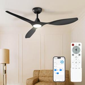 Roomratv 52 inch Ceiling Fans with Lights and Remote, Smart APP Control, Noiseless DC Motor, Reversible 6 Speeds, Timer Setting, 3CCT Dimmable, Black Finish Modern Style for Bedroom Living Room
