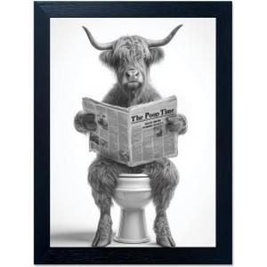 Funny Highland Cow Bathroom Wall Art - Framed Black and White Bathroom Wall Decor, Humorous Cow Picture Wall Decor with Cute Animal Canvas, Modern Farmhouse Style Restroom Sign Art for Toilet & Washroom 8"x10"