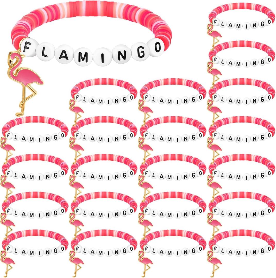 24 Pcs Flamingo Gifts for Women Flamingo Beaded Bracelets Polymer Clay Stretch Bracelets Letter Jewelry Boho Pink Summer Party Favors for Family Friend Graduation