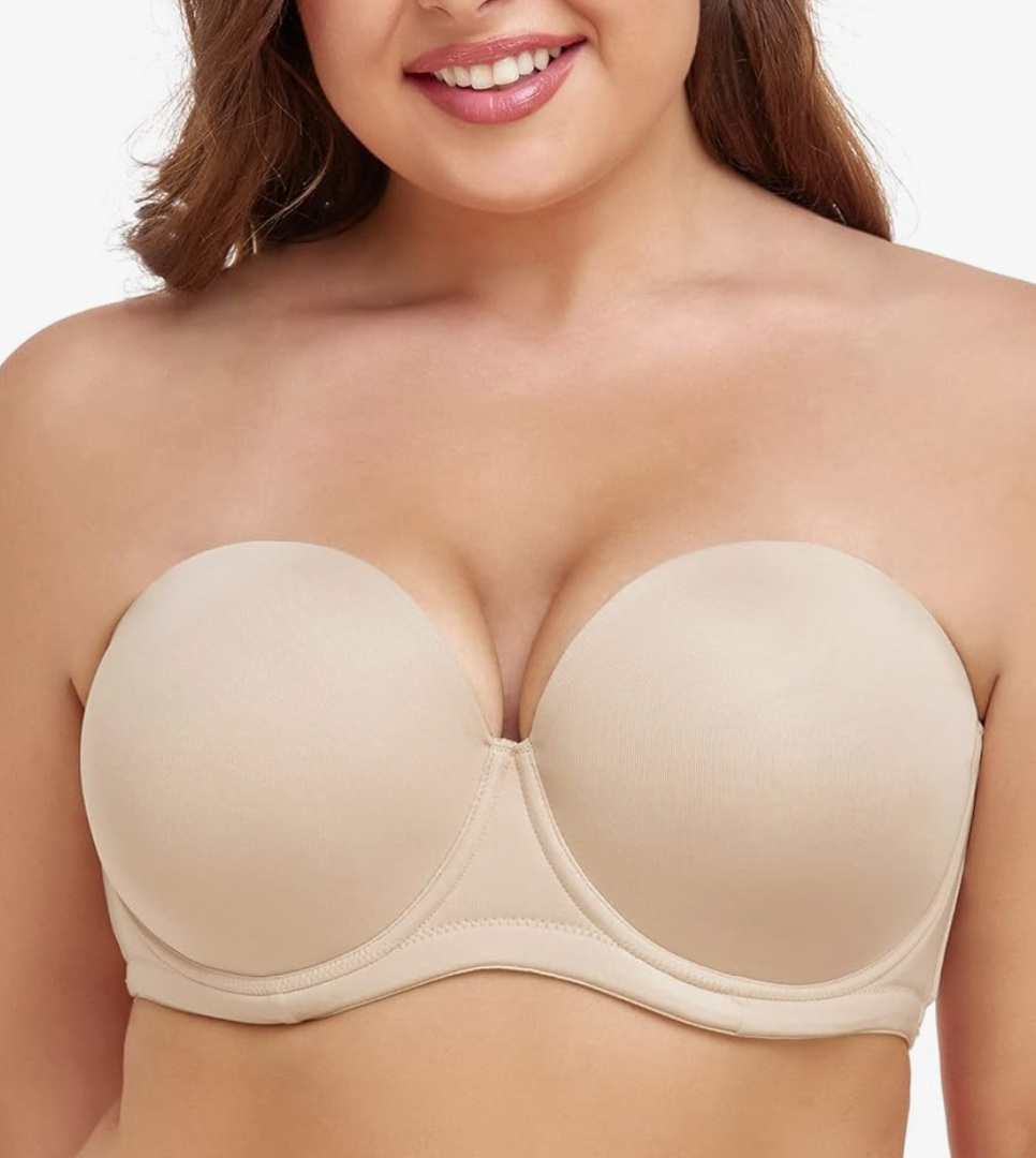 Wekofi Women's Strapless Bra for Big Busted Plus Size Push Up Full Figure Multiway Underwire Bra, Sand 38D