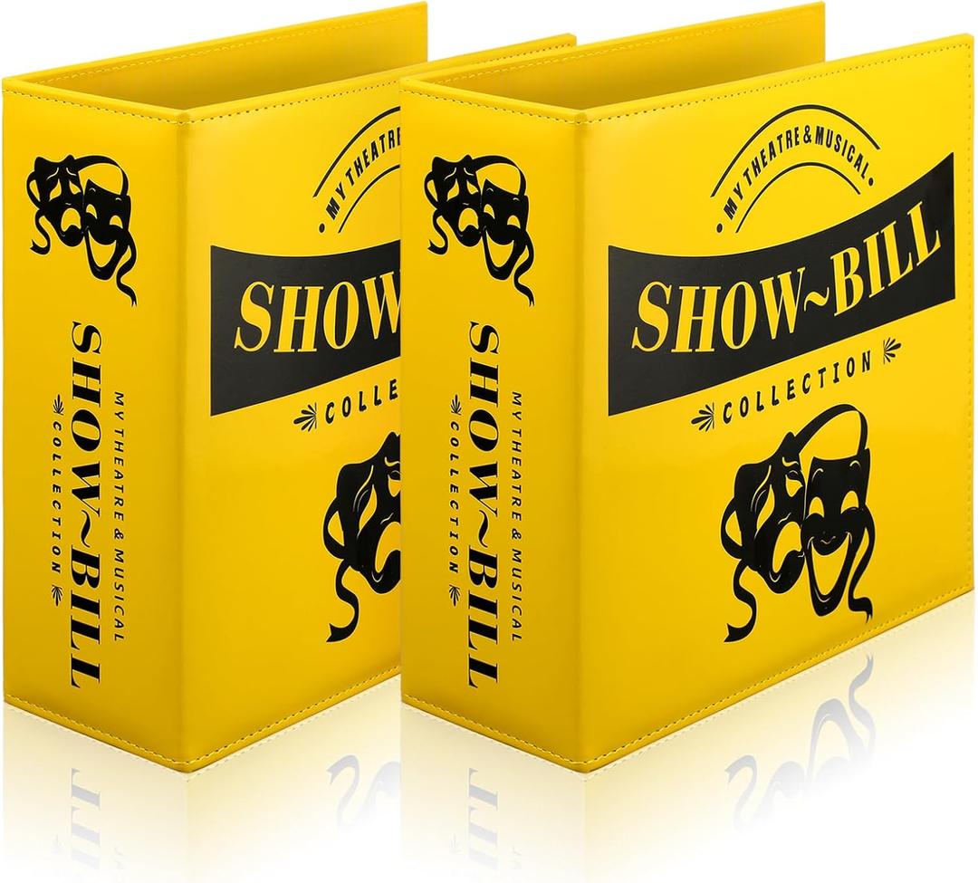2 Set Show Bill Binder with Sleeves for Broadway and Theatre 3 Ring 9.5 x 9.5Theater Program Holder with 40 Sheet Protectors PU Leather Playbill Binders Playbill Holder(Yellow)