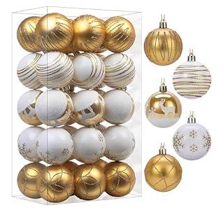 SHareconn 30ct 2.36 Inch Christmas Tree Balls Ornaments, Colored Shatterproof Plastic Decorative Baubles Decorations for Xmas Tree Decor Holiday Party Wedding Decoration (Gold & White, 60mm)