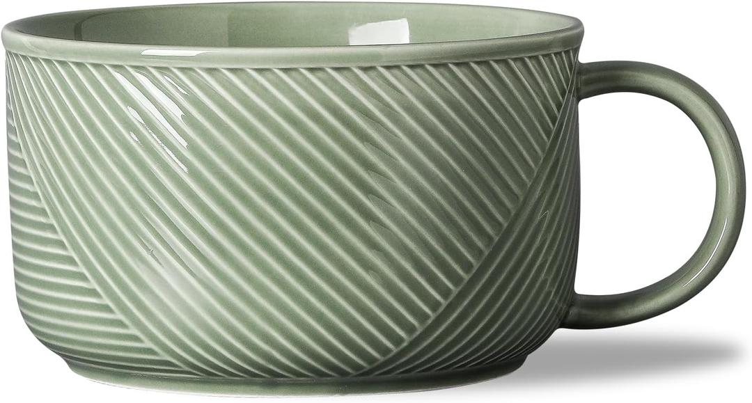 Ceramic Soup Bowl with Handle: 38 oz Microwave Safe Extra Large Mug for Oatmeal, Cereal, Breakfast, Meal Prep, Work Lunch, Dorm Living, Single Serve Dinner - 6 Inch, Pea Green