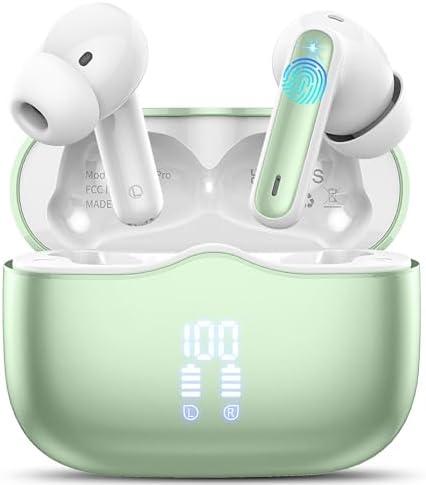 Wireless Earbud, Bluetooth 5.3 Headphones Deep Bass with 4 HD Mics, Wireless Headphones in Ear 40H Playtime, Bluetooth Earphones with Light Weight, IP7 Waterproof Ear Buds for Android IOS, Green