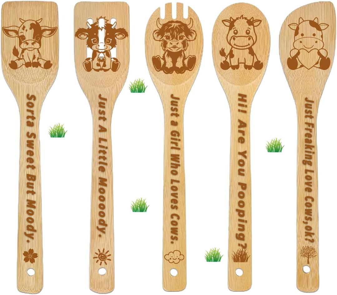 CHACROC Cow Wooden Cooking Spoons 5Pcs, Highland Cow Gifts for Women Cow Kitchen Decor for Cow Lovers Bamboo Wooden Spoons for Cooking Cow Stuff Party Favors Housewarming Wedding, standard, Brown
