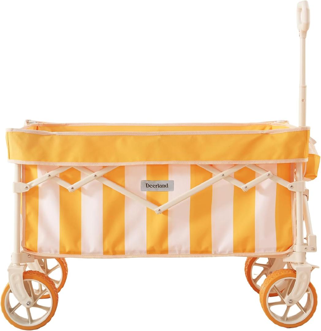 Beach Wagon for Sand with 6.7" Fat Tires, Foldable Beach Cart for Beach & Camping, Large Capacity Easy-Pull Wagon, Cala Serena Ochre Stripe