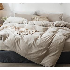 MooMee Bedding Duvet Cover Set 100% Washed Cotton Linen Like Textured Breathable Durable Soft Comfy (Heathered Tannish Linen Grey, Palatial King/Oversized King 120"x98")