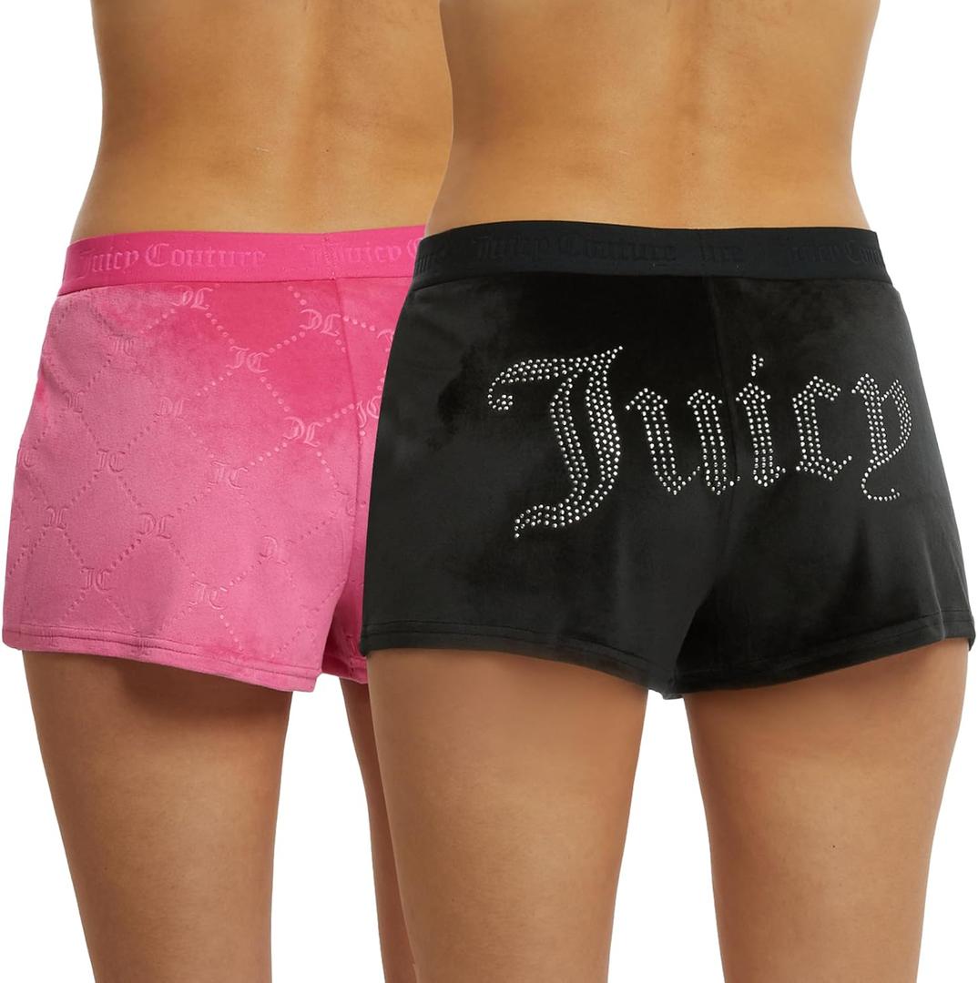 Juicy Couture Velvet Fleece Shorts 2 Piece Designer Pajama Set for Women, 2-Pack Sleep and Lounge Shorts (US, Alpha, Medium, Regular, Regular, Black/Pink JC Embossed)