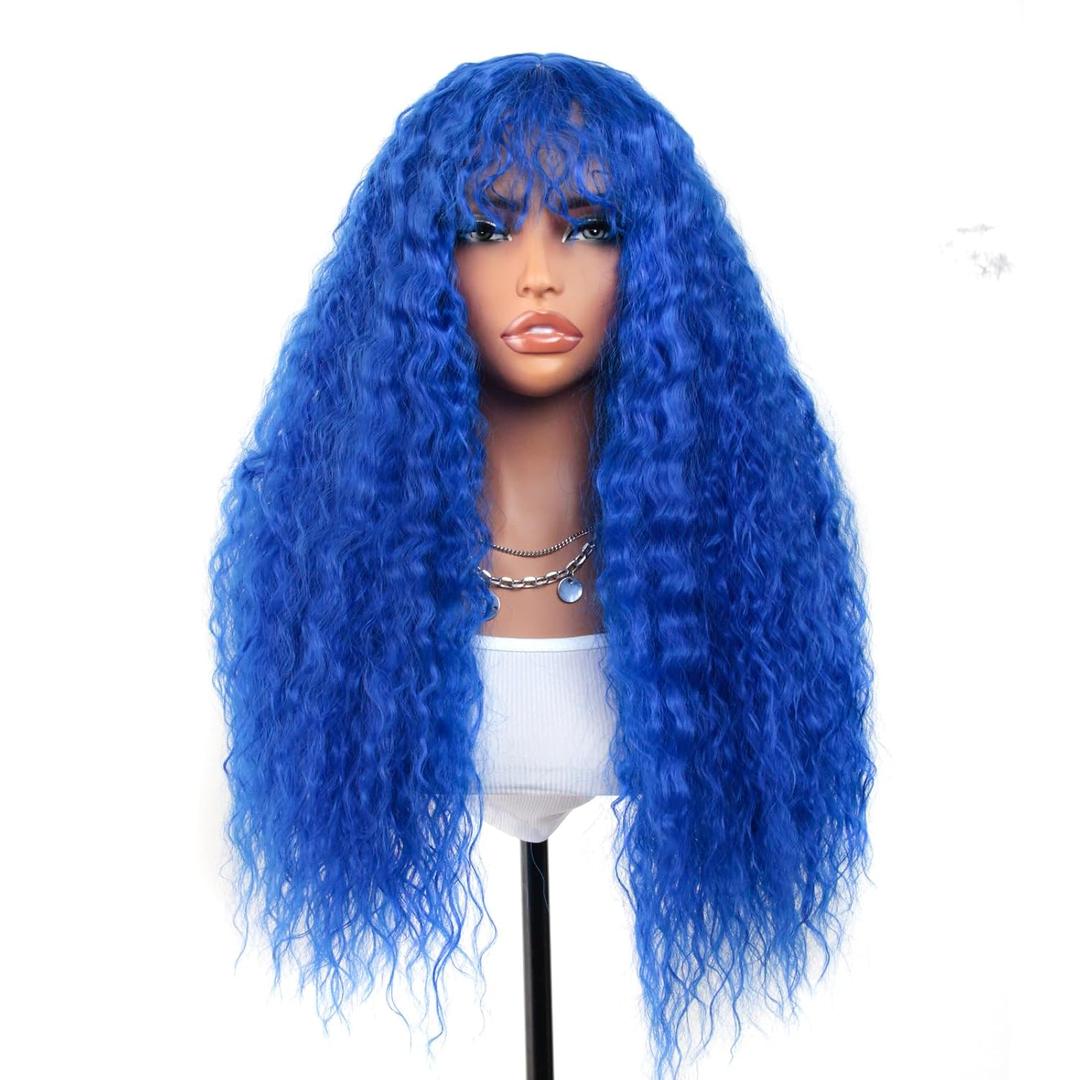 Blue Curly Wig with Bangs Curly Wig for Women Long Curly Wigs Skin-friendly Synthetic Fibersc for Daily Festival Holiday Use Long Curly Wig 26INCH