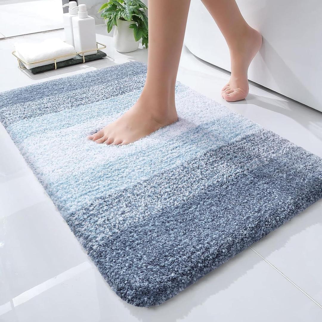 OLANLY Bathroom Rug Mat 24x16, Extra Soft and Absorbent Polyester Bath Rugs, Non-Slip Plush Shaggy Bath Carpet, Machine Wash Dry, Bath Mats for Bathroom Floor, Tub and Shower, Blue (24" x 16")