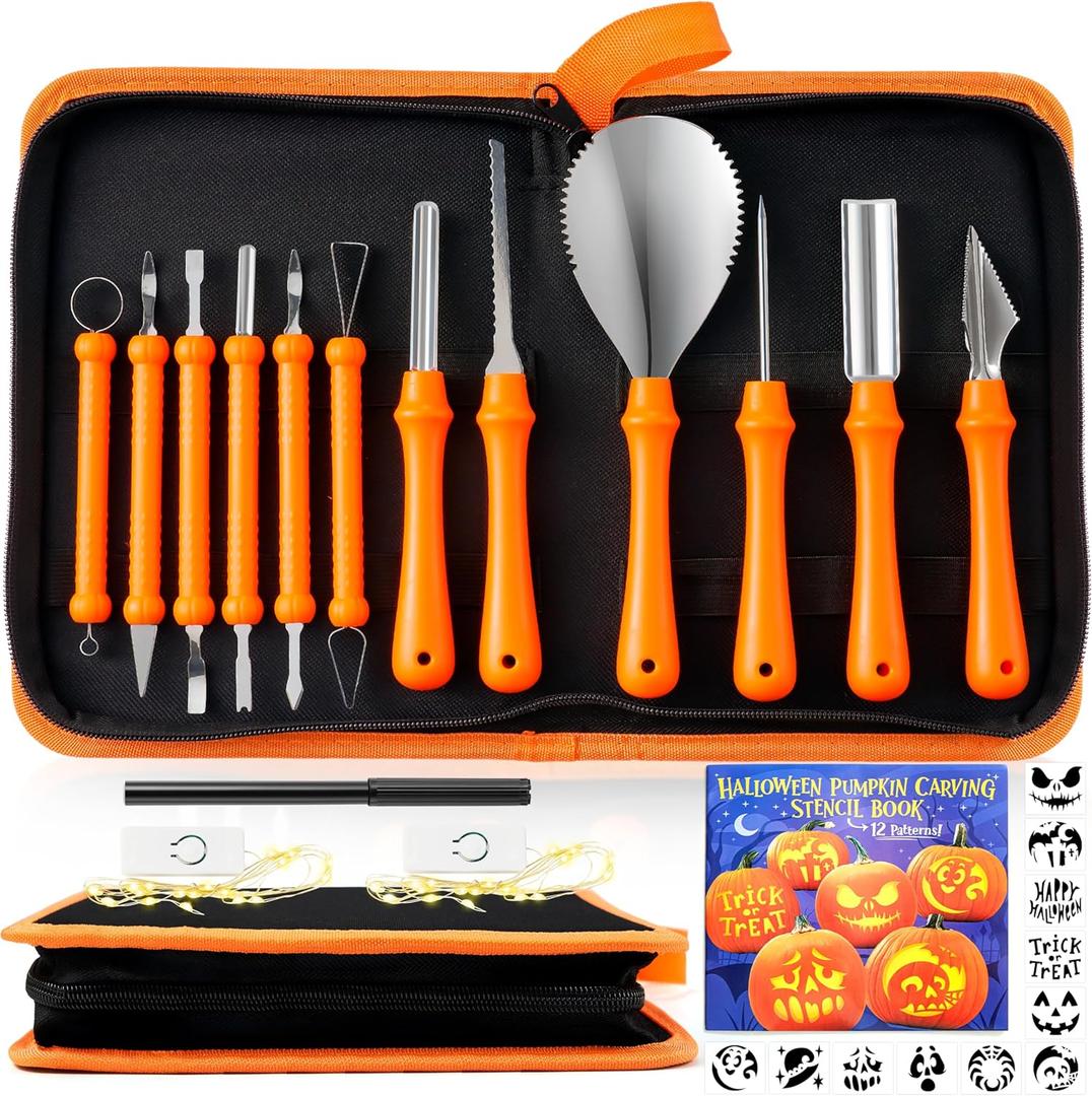 JOYIN 12 Pcs Halloween Pumpkin Carving Kit, Professional Carving Set with Handbag,12 Stencils, 4 LED lights for DIY Jack O Lantern, Stainless Steel Double-sided Sculpting Tools Decoration Supplies