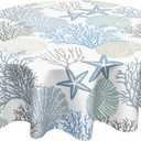 Nautical Coastal Round Tablecloth 60 Inch Summer Blue Ocean Coral Starfish Seashell Print Table Cloth Beach Theme Washable Polyester Table Cover for Kitchen Dining Room Party Indoor Outdoor Home Decor