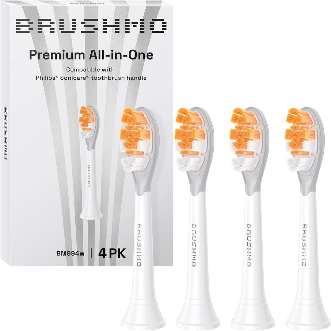 Brushmo All-in-One Replacement Toothbrush Heads, Compatible with Philips Sonicare Click-on Electric Toothbrush Handles, 4 Standard Replacement Heads, BM994, White