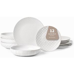12-Piece Embossed Dinnerware Set4 Dinner Plates,4 Salad Plates,4 Pasta Bowls,Ceramic, Dishwasher & Microwave Safe,Elegant Rustic Tableware for Family Use (Mixed Embossment)