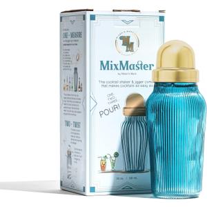 The MixMaster Cocktail Shaker with Strainer and Jigger Measuring Cap - Art Deco Leakproof Glass Drink Mixer for Crafting Cocktails - Innovative Home Bartending Supplies and Accessories - Blue