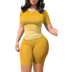 Lounge Wear Casual 2 Piece Outfits Sets for Women Skinny Crew Neck T-shirt High Waist Leggings Shorts Workout Set (Yellow, XL)