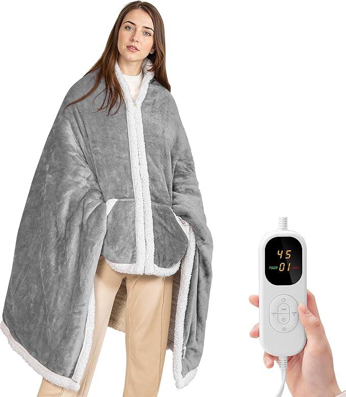 Heated Shawl Wraps for Women, Electric Heating Wearable Blanket Poncho with Deep Pocket, 5 Heating Levels, 1-10 Hours Timer Auto Shut-Off, 40x70 Inch, Gray - Gifts for Mom, Girlfriend, Grandmother