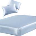 SiinvdaBZX 3-Piece Set Satin Twin Fitted Sheet & 2 Pillowcase, Baby Blue Silky Soft Fitted Bottom Sheet, Wrinkle Free, Fade Resistant, Deep Pocket Bed Sheet (Deep Up to 15")