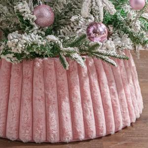 Christmas Tree Collar, Pink Luxury Plush Faux Fur Rustic Tree Collar with Thick Stripe Textured Pattern, Adjustable Soft Xmas Tree Ring Tree Skirt for Holiday Decorations Pink Christmas Home Decor