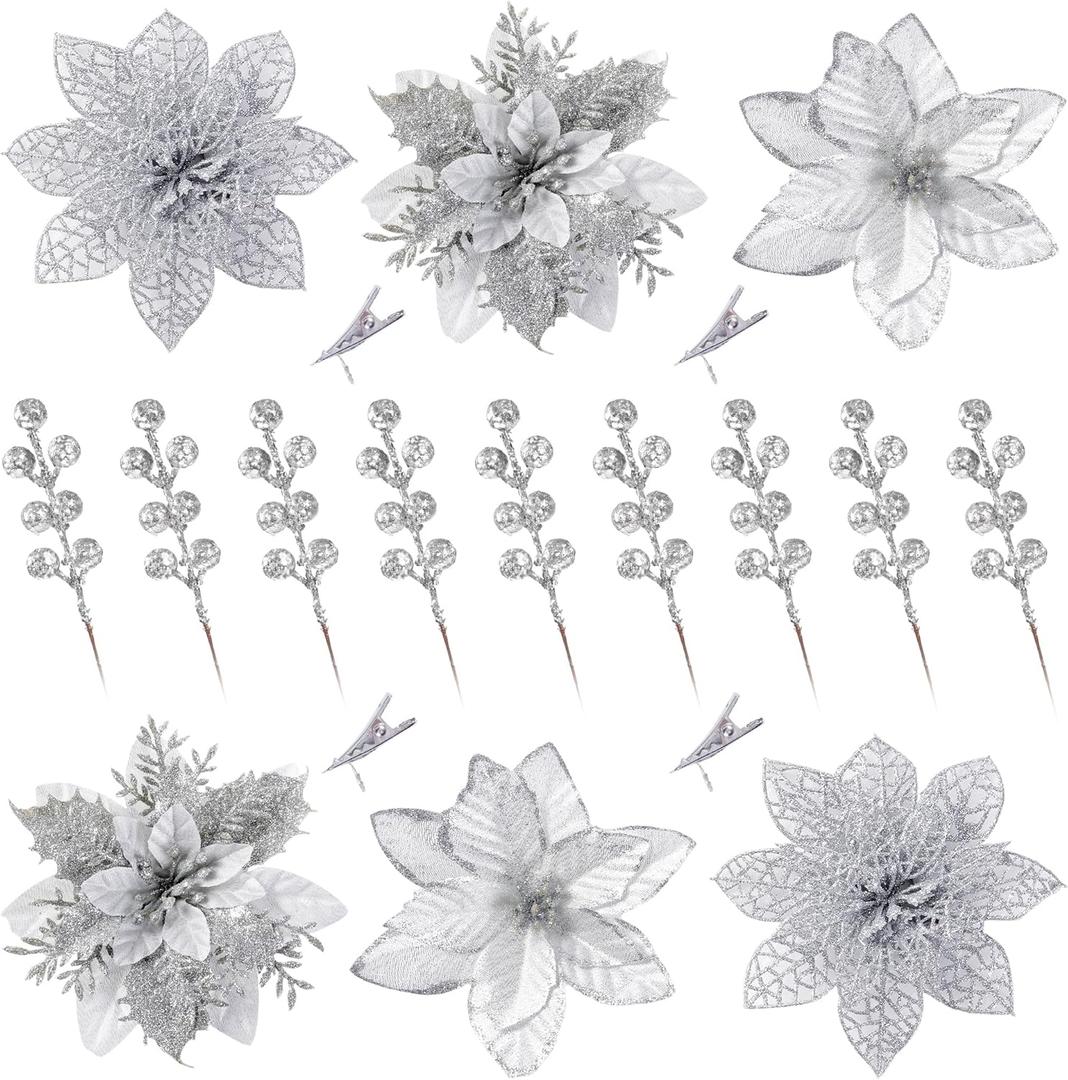 Sggvecsy 30 Pcs 3 Styles Christmas Glitter Poinsettia Flowers Artificial Berry Picks Christmas Tree Ornaments Artificial Christmas Flowers with Clips for Xmas Wreath Wedding Floral Decorations(Silver)