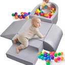 Baby Climbing Blocks, Soft Play Set for Crawling Baby 6-12 Months, Anti-Slip Particles Bottom & Velcro Connectors, High-Density Foam Gym with Soft Fabric Cover (Balls not Included)(Grey)