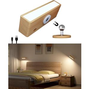 DetarZinLED Wall Lights Battery Operated Wooden,Magnetic Wall Sconces Rechargeable,Adhesive Wall Lights for Bedroom,Dimmable Wall Mounted Bedside Lamp,Cordless Battery Wall Sconce for Bedroom Reading