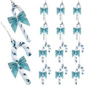 24 Piece Glitter Candy Cane and Bows Assorted 4.7" Christmas Decorations Hanging Ornaments for Xmas Tree Holiday Festive Party Home Dcor (Sky Blue)
