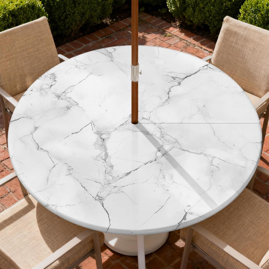 Round Outdoor Tablecloth with Zipper and Umbrella Hole, Fitted Table Cloth with Elastic, Oil Waterproof Tablecover for Patio Picnic Camping Garden Fits 45"-48" Round Table, White Marble